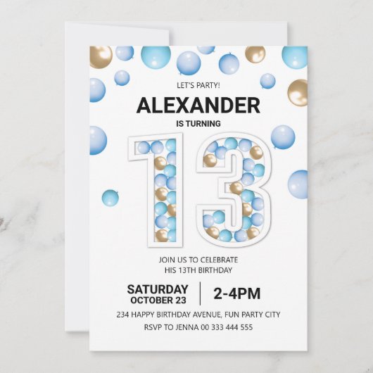 13e verjaardagsfeestje, blauwe en gouden ballon jo kaart (Voorkant)