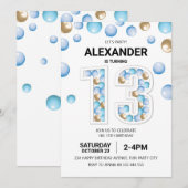 13e verjaardagsfeestje, blauwe en gouden ballon jo kaart (Voorkant / Achterkant)