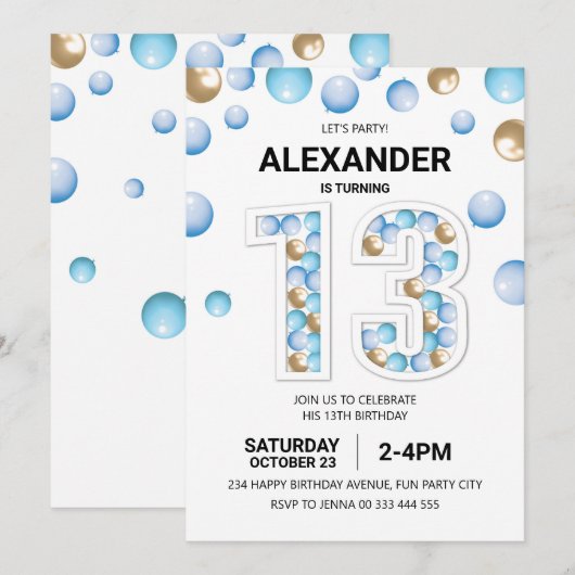 13e verjaardagsfeestje, blauwe en gouden ballon jo kaart (Voorkant / Achterkant)