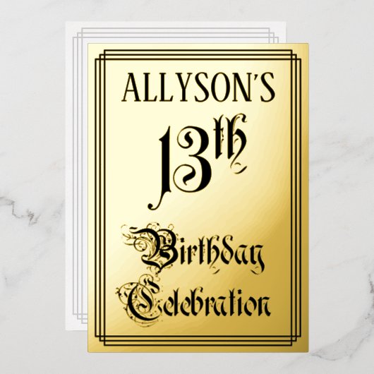 13e verjaardagsfeestje — Elegant script + aangepas Folie Uitnodiging (Voorkant / Achterkant)