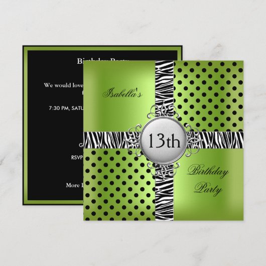 13e verjaardagsfeestje Limegroene Zwarte Zebra Kaart (Voorkant / Achterkant)