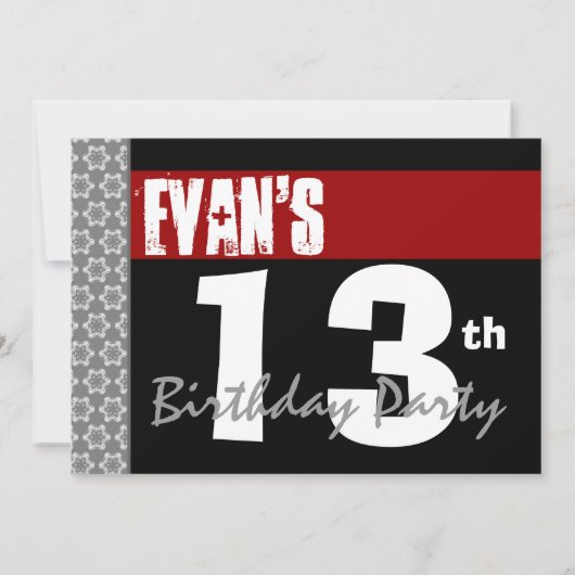 13e verjaardagsfeestje Modern Rood Zwart en Wit 2C Kaart (Voorkant)