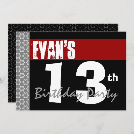 13e verjaardagsfeestje Modern Rood Zwart en Wit 2C Kaart (Voorkant / Achterkant)