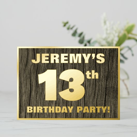 13e verjaardagsfeestje: Opvallend, namaak houtneri Folie Uitnodiging (Staand Voorkant)