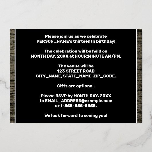 13e verjaardagsfeestje: Opvallend, namaak houtneri Folie Uitnodiging (Achterkant)