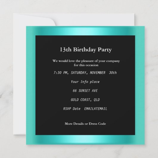 13e verjaardagsfeestje polka stippen turkoois blau kaart (Achterkant)