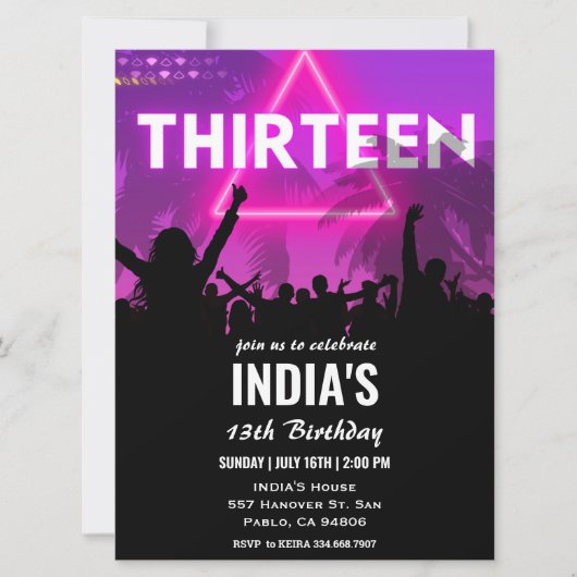 13e verjaardagsfeestje roze neon kaart (Voorkant)