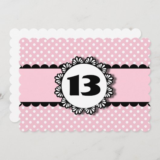 13e verjaardagsfeestje roze stippen Scallops V01N Kaart (Voorkant / Achterkant)