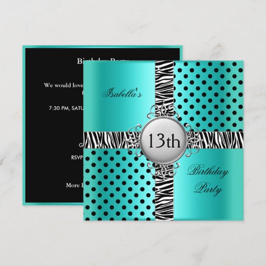 13e verjaardagsfeestje Teal Blauw Zwart Zebra Kaart (Voorkant / Achterkant)
