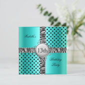 13e verjaardagsfeestje Teal Blauw Zwart Zebra Kaart (Staand voorkant)