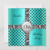 13e verjaardagsfeestje Teal Blauw Zwart Zebra Kaart (Voorkant)