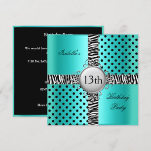 13e verjaardagsfeestje Teal Blauw Zwart Zebra Kaart