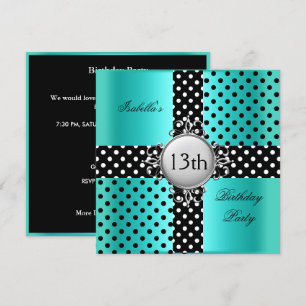 13e verjaardagsfeestje turkoois zwart polkadot kaart