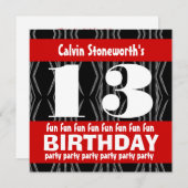 13e verjaardagsfeestje zwart rood wit hedendaags kaart (Voorkant / Achterkant)