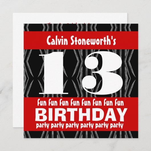 13e verjaardagsfeestje zwart rood wit hedendaags kaart (Voorkant / Achterkant)