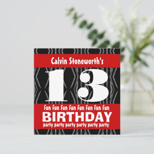 13e verjaardagsfeestje zwart rood wit hedendaags kaart (Staand voorkant)