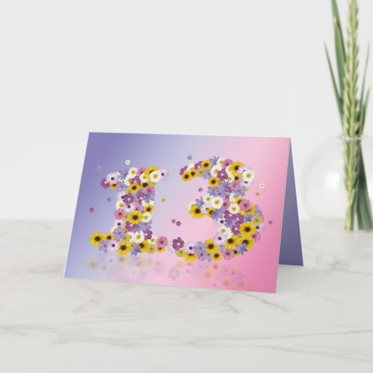 13e verjaardagskaart met bloemen letters kaart (Voorkant)