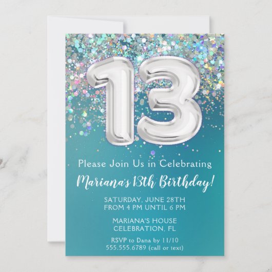 13e Verjaardagsuitnodiging Blauwgroen Zilveren Gli Kaart (Voorkant)