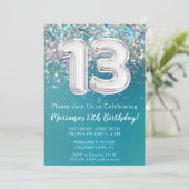 13e Verjaardagsuitnodiging Blauwgroen Zilveren Gli Kaart (Staand voorkant)