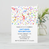13e verjaardagsuitnodiging Confetti Rainbow Boy Kaart (Staand voorkant)