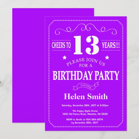 13e verjaardagsuitnodiging Paarse en witte Kaart (Voorkant / Achterkant)