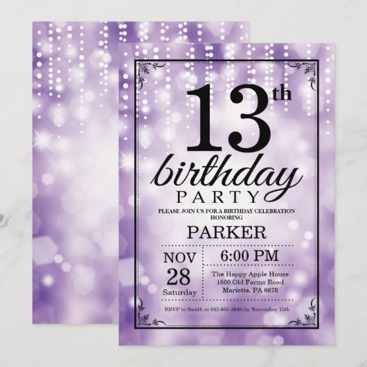 13e verjaardagsuitnodiging Paarse glitter Kaart (Voorkant / Achterkant)