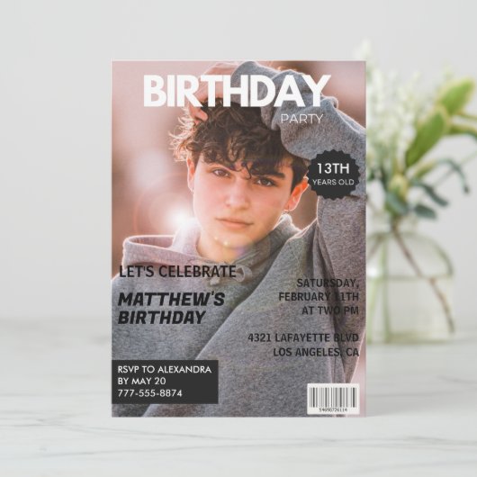 13e verjaardagsuitnodiging voor hem Magazine Hoesj Kaart (Staand voorkant)