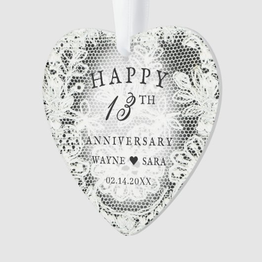 13e zwart + wit kant bruiloft Jubileum Ornament (voorkant)