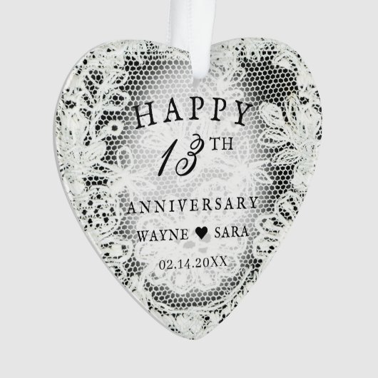 13e zwart + wit kant bruiloft Jubileum Ornament (voorkant)
