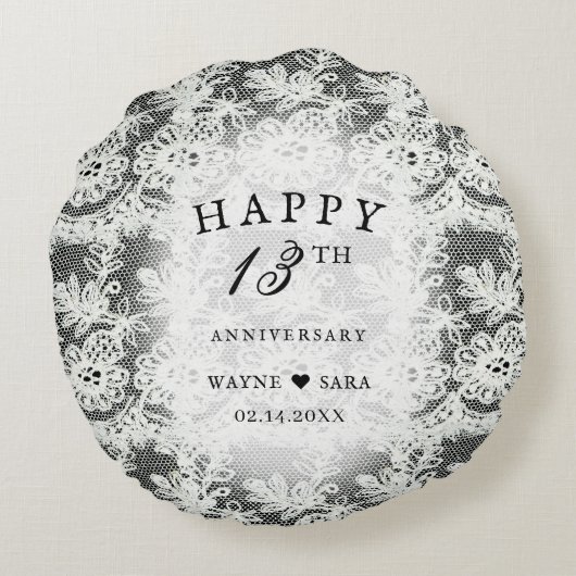 13e zwart + wit kant bruiloft Jubileum Rond Kussen (Achterkant)