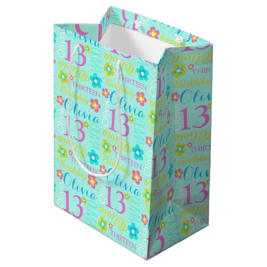 13th Birthday aqua blauwgroen roze cadeautas met s (Achterkant Gekanteld)