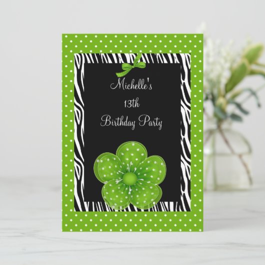 13th Birthday Black White Zebra Green Spot Flower Kaart (Staand voorkant)