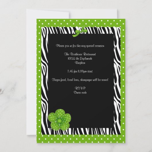 13th Birthday Black White Zebra Green Spot Flower Kaart (Achterkant)