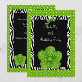 13th Birthday Black White Zebra Green Spot Flower Kaart (Voorkant / Achterkant)