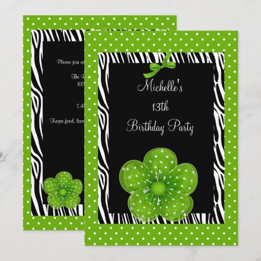 13th Birthday Black White Zebra Green Spot Flower Kaart (Voorkant / Achterkant)