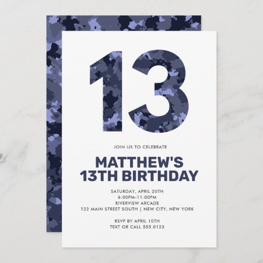 13th Birthday, Blue Camo Personalized Teen Kaart (Voorkant / Achterkant)
