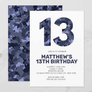 13th Birthday, Blue Camo Personalized Teen Kaart