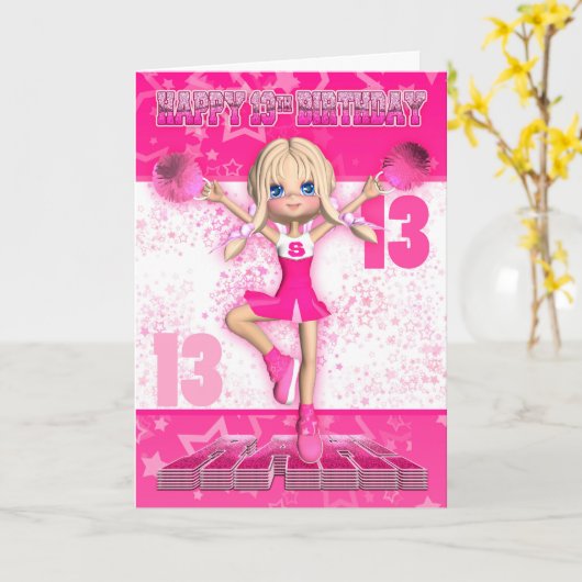 13th Birthday Cheerleader Dancing, Stars In Pinks Kaart (Gele Bloem)