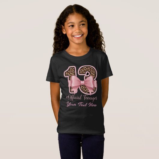 13th Birthday Gift Pink Leopard Print Bow  T-shirt (Voorkant volledig)
