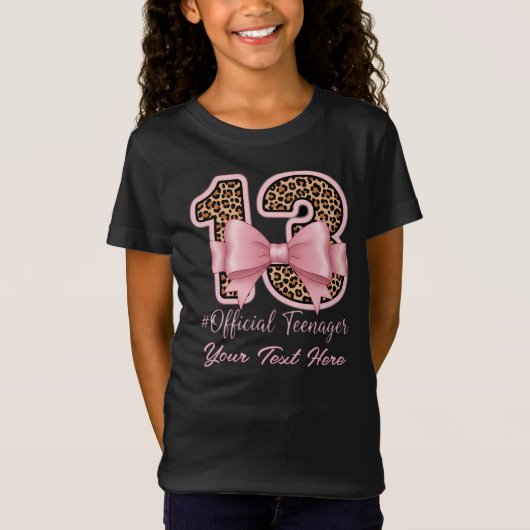 13th Birthday Gift Pink Leopard Print Bow  T-shirt (Voorkant)