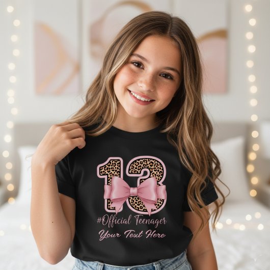 13th Birthday Gift Pink Leopard Print Bow  T-shirt