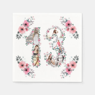 13th Birthday Girl Flower Photo Collage White Servet