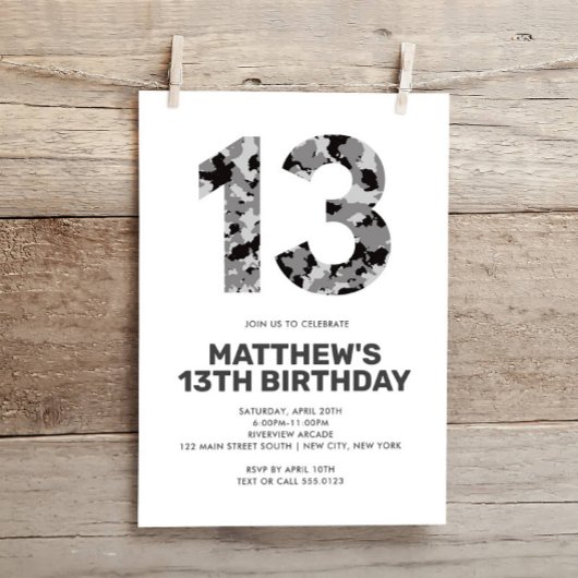13th Birthday, Grey Camo Personalized Teen Kaart
