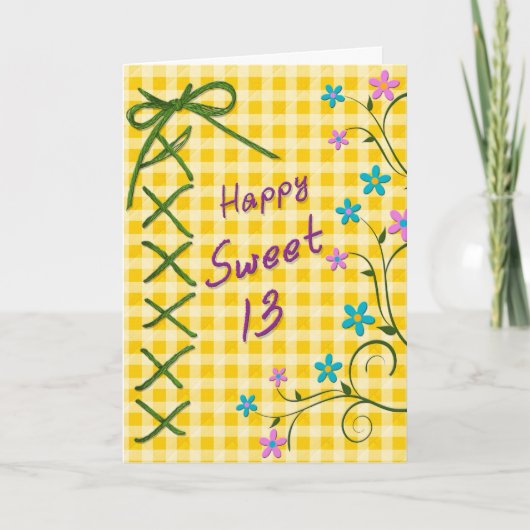 13th Birthday, Groen Stropdas - Geel Gingham, Bloe Kaart (Voorkant)