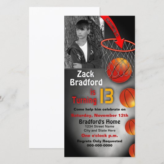 13th Birthday Invitation, Basket Ball Hoop (Voorkant / Achterkant)