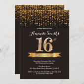 13th Birthday Invitation Black en Gold Glitt6r Kaart (Voorkant / Achterkant)