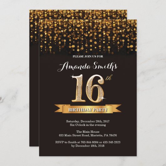 13th Birthday Invitation Black en Gold Glitt6r Kaart (Voorkant / Achterkant)