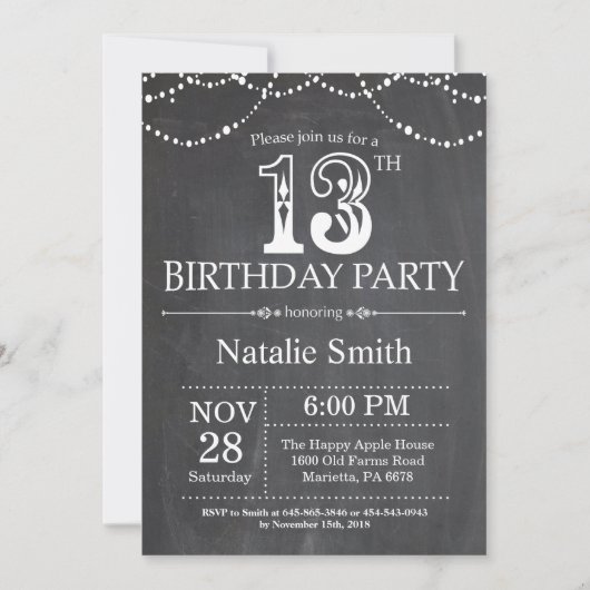 13th Birthday Invitation Chalkboard String Lights Kaart (Voorkant)