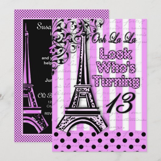 13th Birthday Invitation, Franse/Eiffeltoren Kaart (Voorkant / Achterkant)