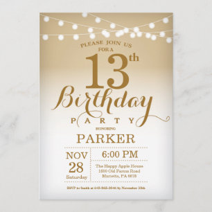 13th Birthday Invitation Gold String Lights Kaart